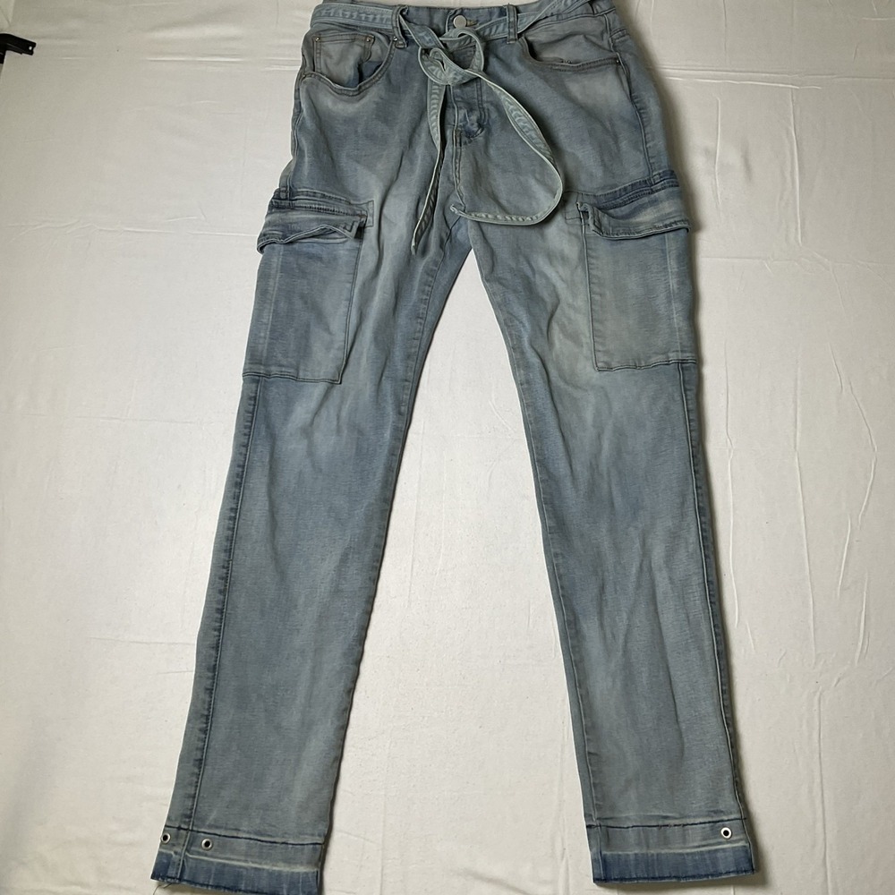 MNML Jean Men 32 Blue Cargo Button Fly Stretch Denim Belt Straight Leg Pants 539
